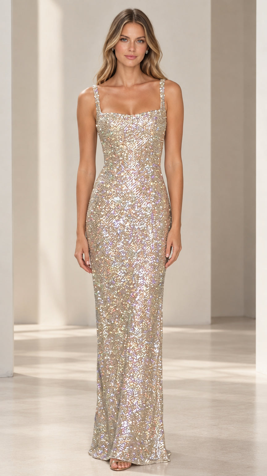 Champagne square neck sequin maxi evening gown front view
