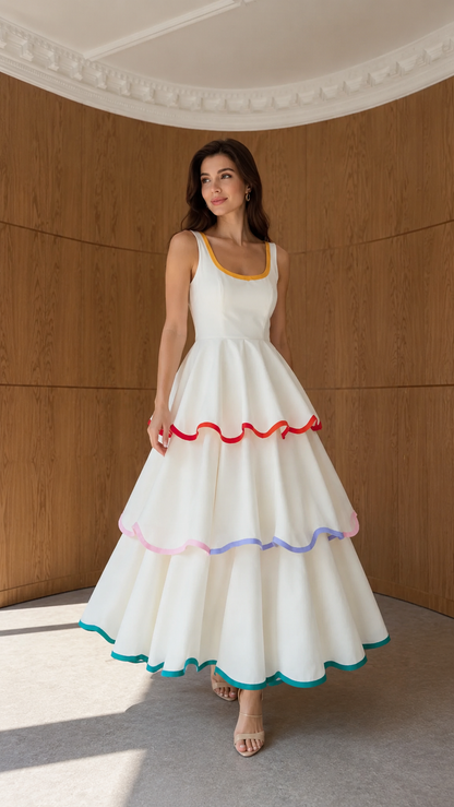 Front view of ivory tiered sleeveless maxi dress with multicolor contrast trim
