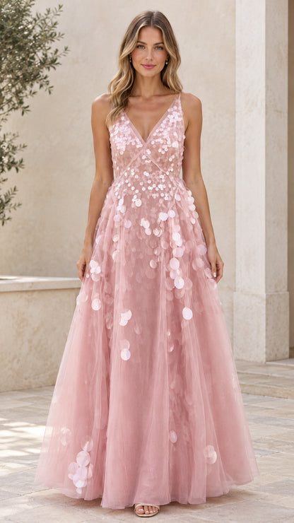 Blush pink V-neck tulle evening gown with 3D floral petal appliqués full front view