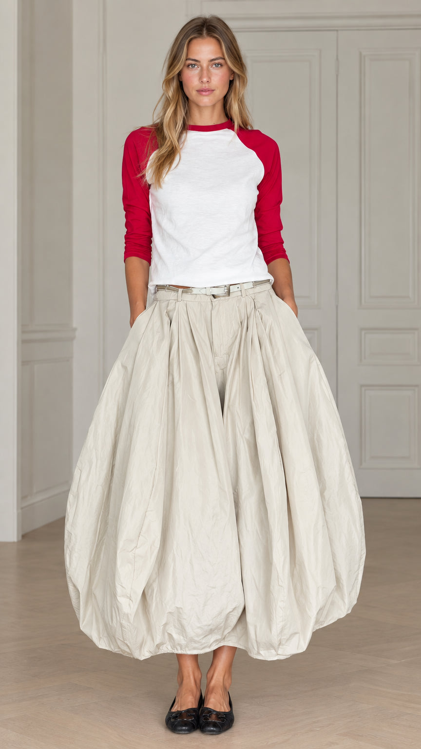 Full front view of women's two-piece set in red raglan top and cream bubble maxi skirt