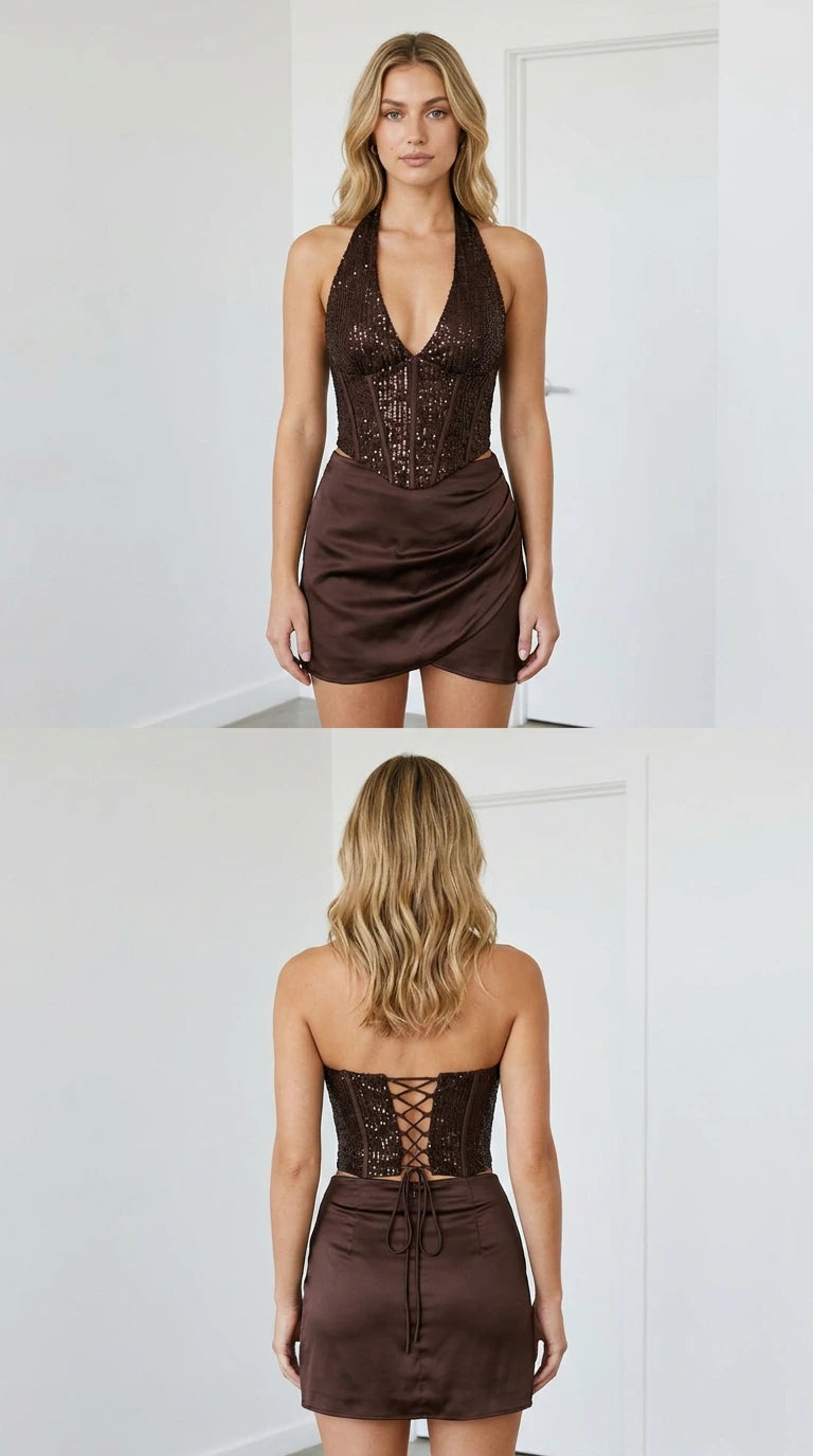 Chocolate Brown sequin halter corset and satin mini skirt two-piece set front and back view