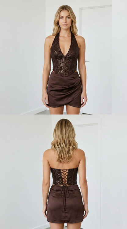 Chocolate Brown sequin halter corset and satin mini skirt two-piece set front and back view