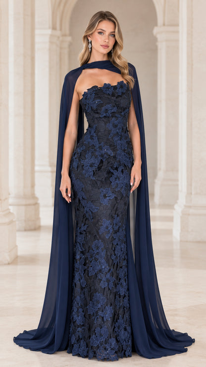 Navy Blue Strapless Floral Lace Evening Gown with Chiffon Neck Cape - Front View