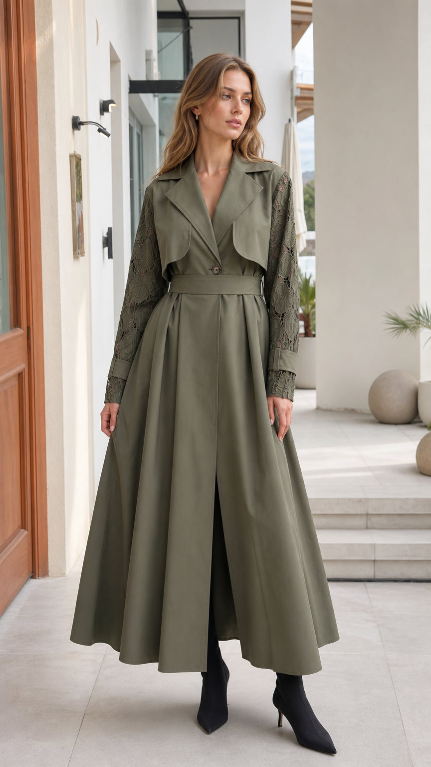 Front full view of woman wearing Olive Green lace-sleeve trench maxi dress with belt