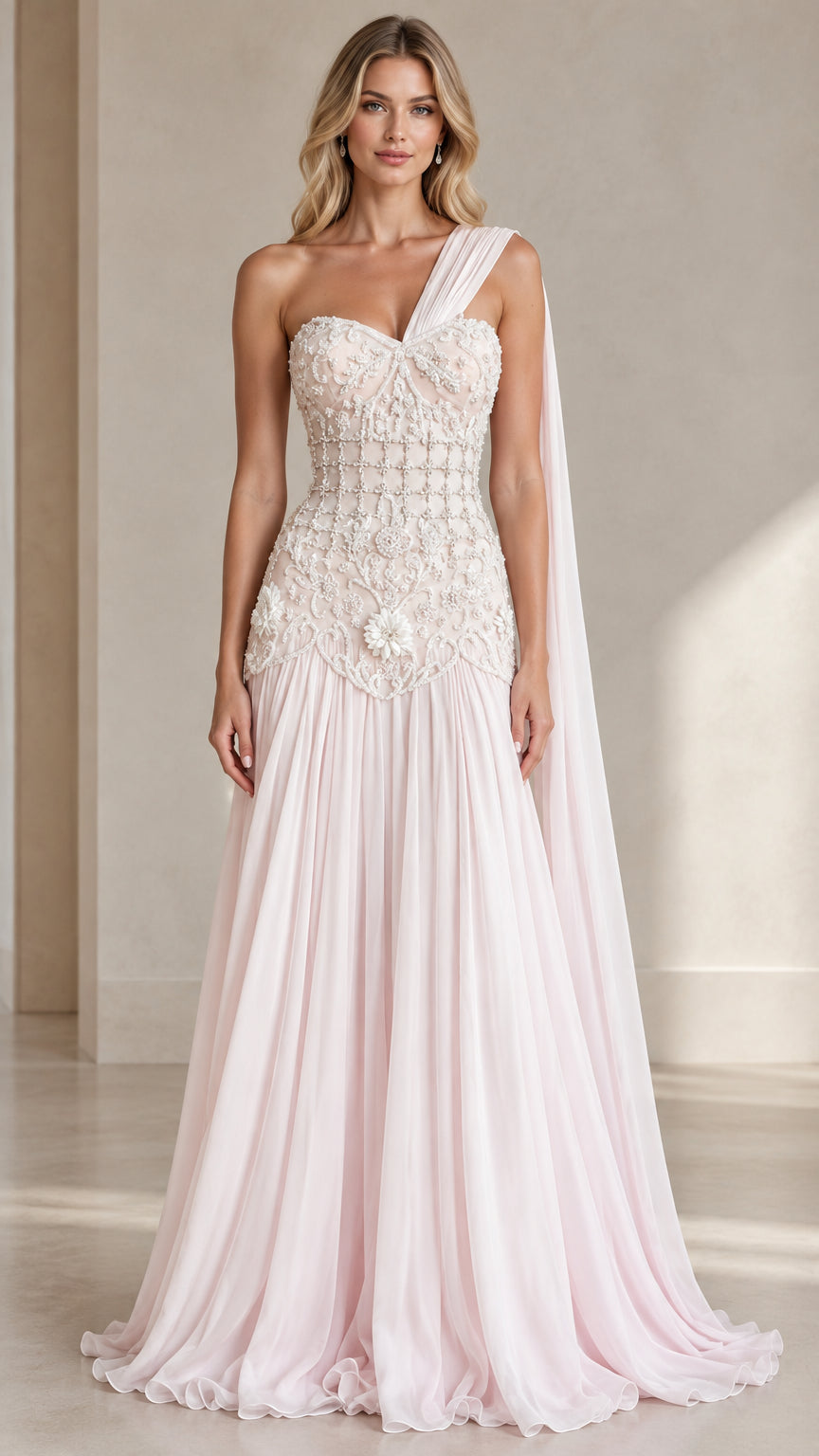Front view of model wearing Blush Pink one-shoulder beaded evening gown with cape