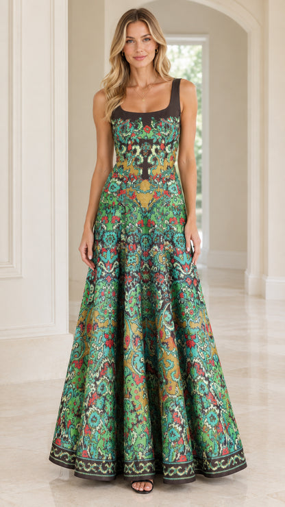 Front view of woman wearing teal green vintage tapestry print sleeveless square neck maxi dress