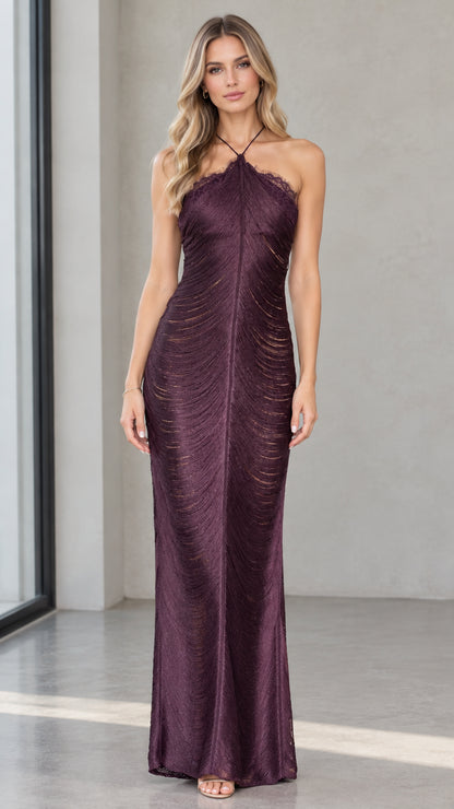 Front view of model wearing halter neck eyelash lace textured maxi dress in Deep Plum