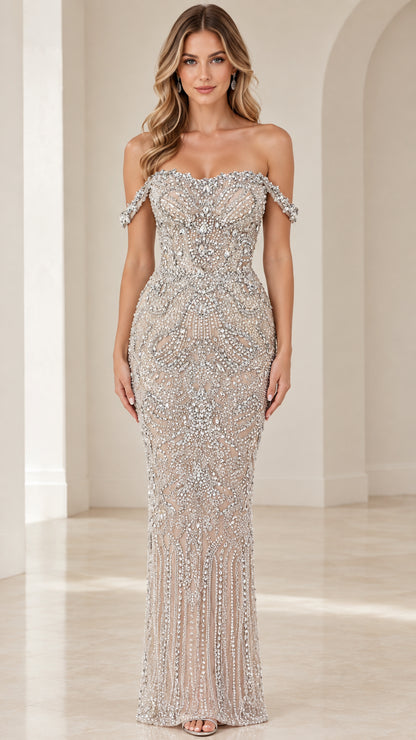 Full front view of Champagne off-the-shoulder beaded formal evening gown