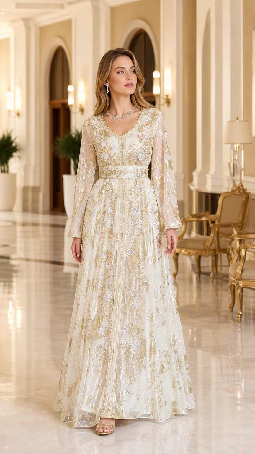 Full front view of model wearing white and gold embroidered long sleeve kaftan maxi dress