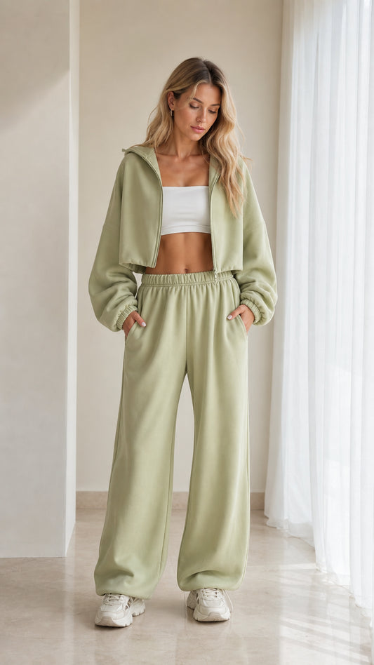 Front view of model wearing sage green cropped zip hoodie and wide leg sweatpants set