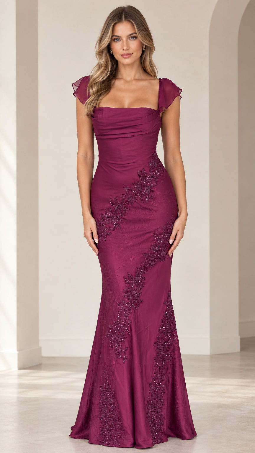 Full-length front view of woman wearing magenta flutter sleeve mermaid evening gown with embroidered beading
