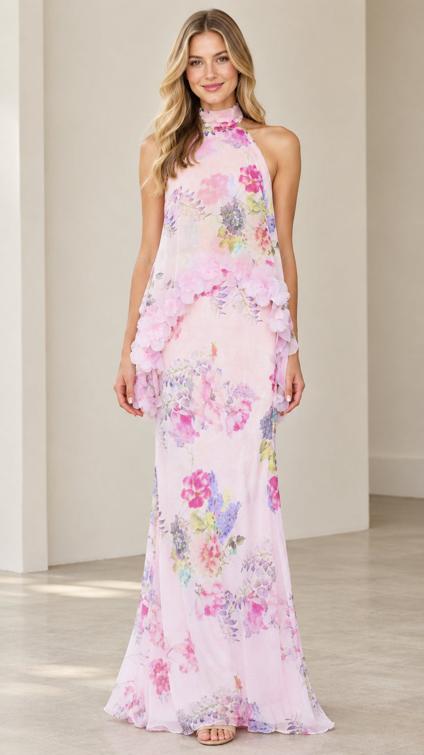 Front view of model wearing Blush Pink floral tiered halter maxi dress
