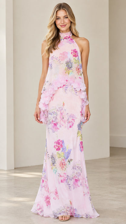 Front view of model wearing Blush Pink floral tiered halter maxi dress