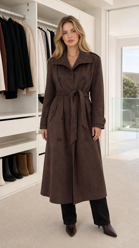 Front view of model wearing chocolate brown long faux suede belted trench coat