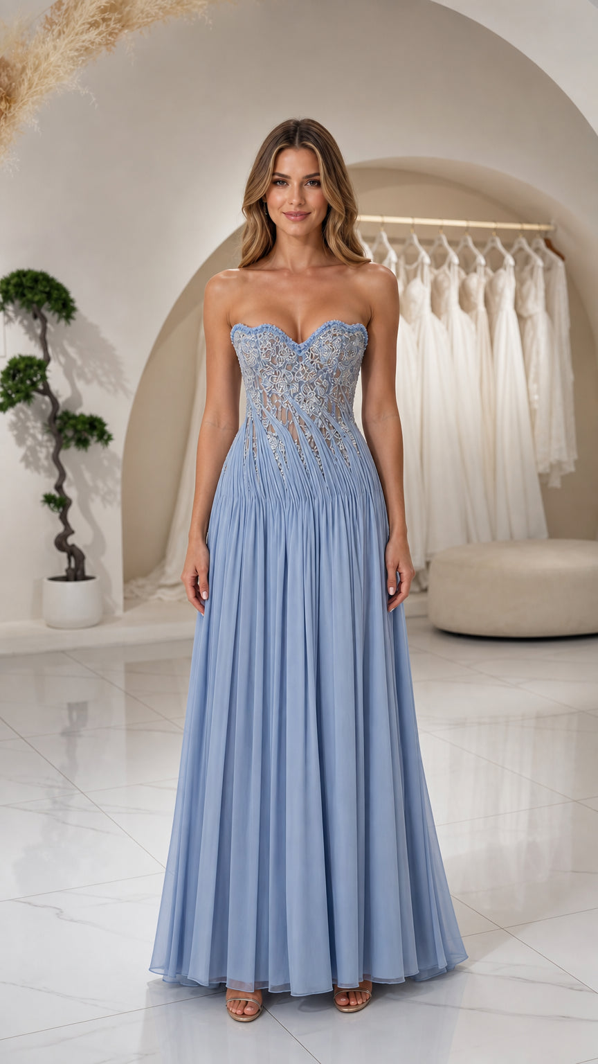Front view of woman wearing Light Blue strapless beaded corset pleated maxi evening gown