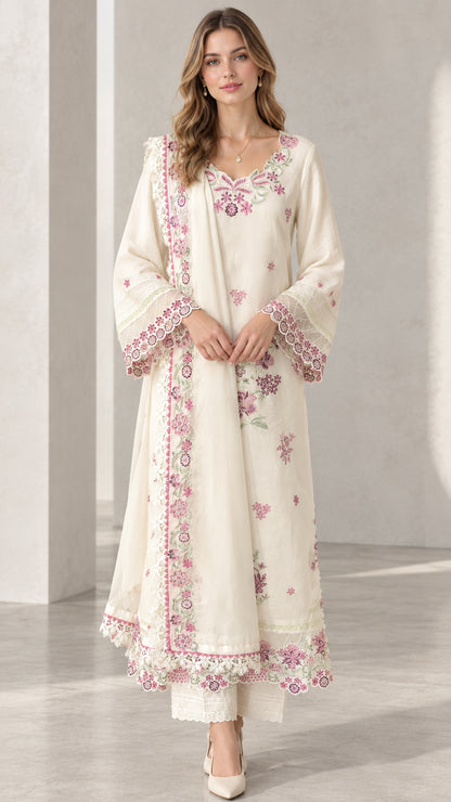 Full front view of model wearing Cream floral embroidered 3-piece kurta set with dupatta