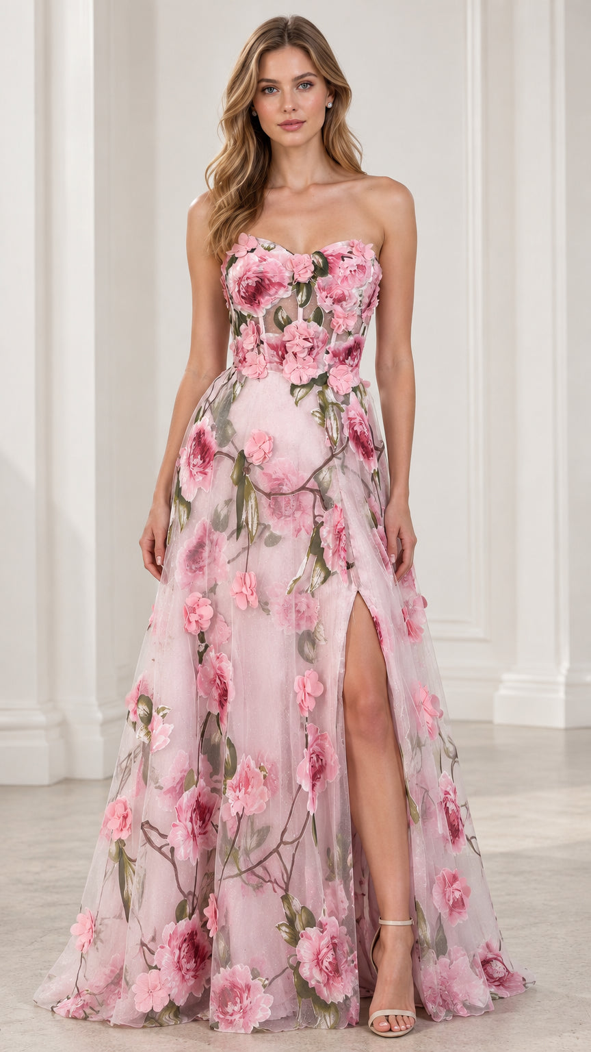 Front view of model wearing Blush Pink strapless 3D floral applique corset evening gown with slit