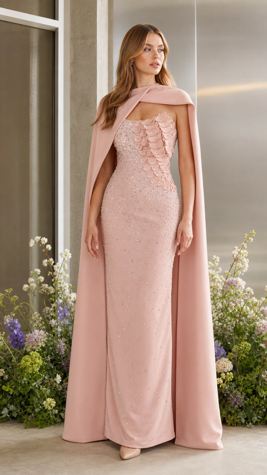 Full front view of blush pink formal evening gown with matching floor-length cape and petal-embellished bodice