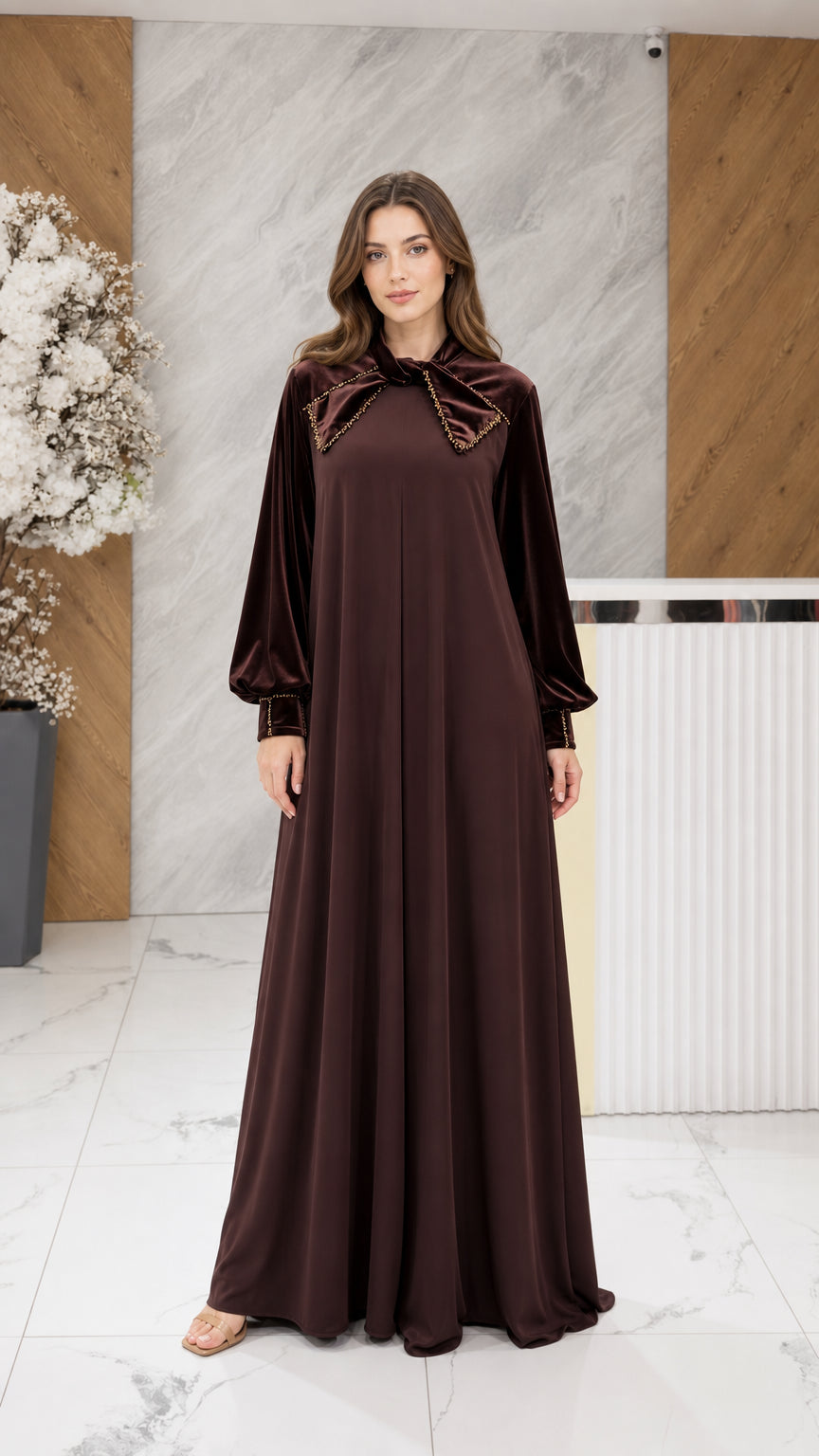 Chocolate brown velvet maxi dress with beaded bow collar front view