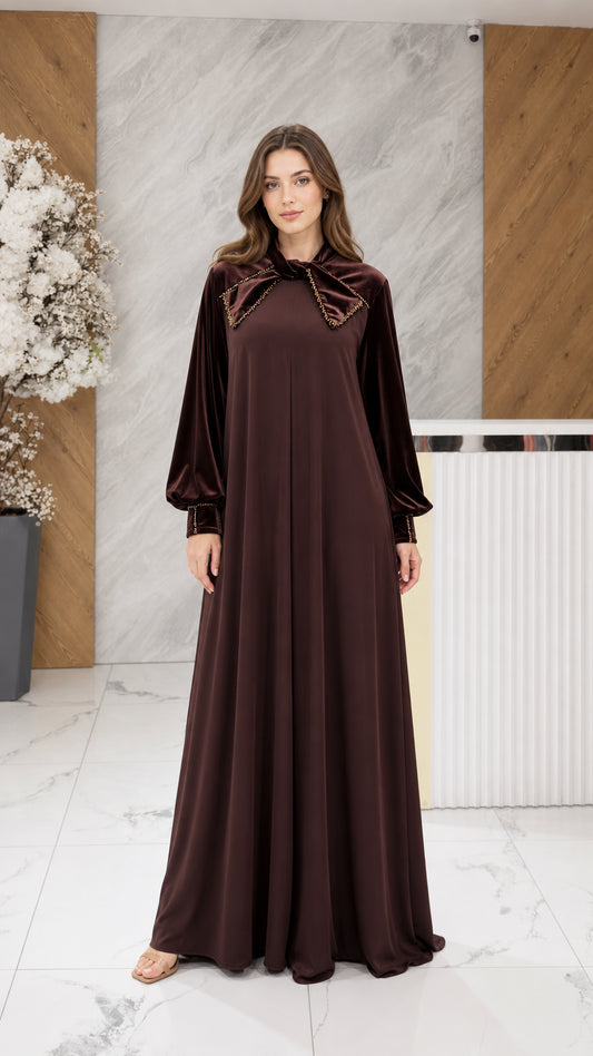 Chocolate brown velvet maxi dress with beaded bow collar front view