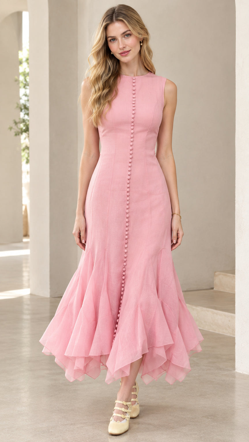 Front full-length view of woman wearing pink sleeveless button-front mermaid midi dress with ruffled hem