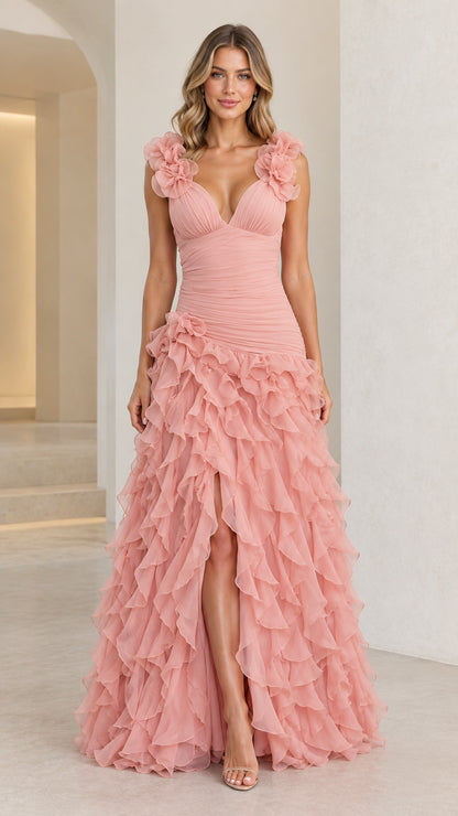 Front view of woman wearing Dusty Pink floral strap tiered ruffle maxi dress
