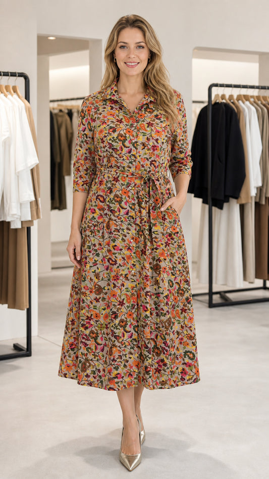Front view of model wearing Khaki Floral 3/4 sleeve midi shirt dress with tie belt