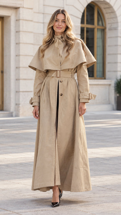 Front view of model wearing Khaki Maxi Cape Trench Coat with belt