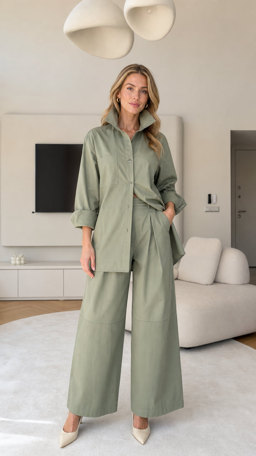 Front full view of women's relaxed button-down shirt and wide-leg trousers set in Sage Green
