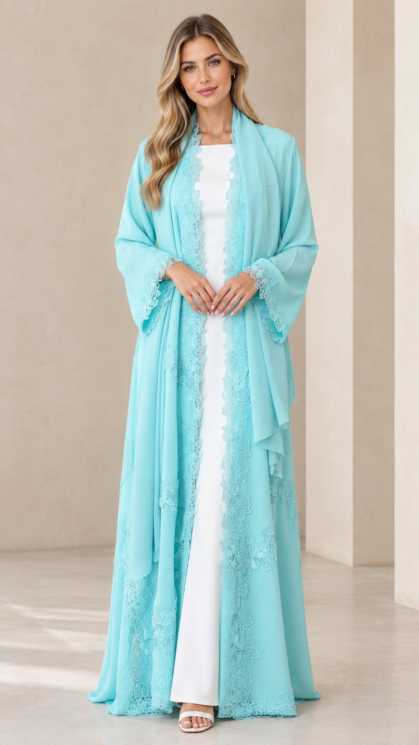 Front view of model wearing an aqua blue floor-length chiffon duster with delicate lace trim over a white dress