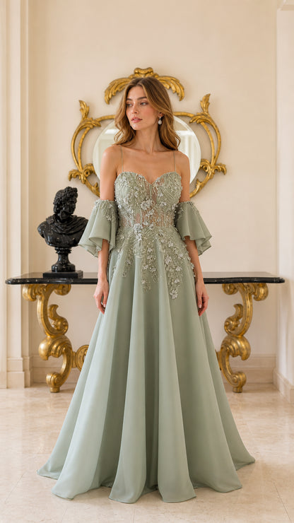 Sage Green beaded floral appliqué formal evening gown with draped sleeves - front view