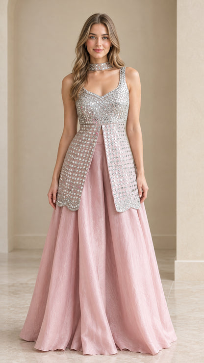 Front view of model wearing Blush Pink embellished longline top and maxi skirt set with choker