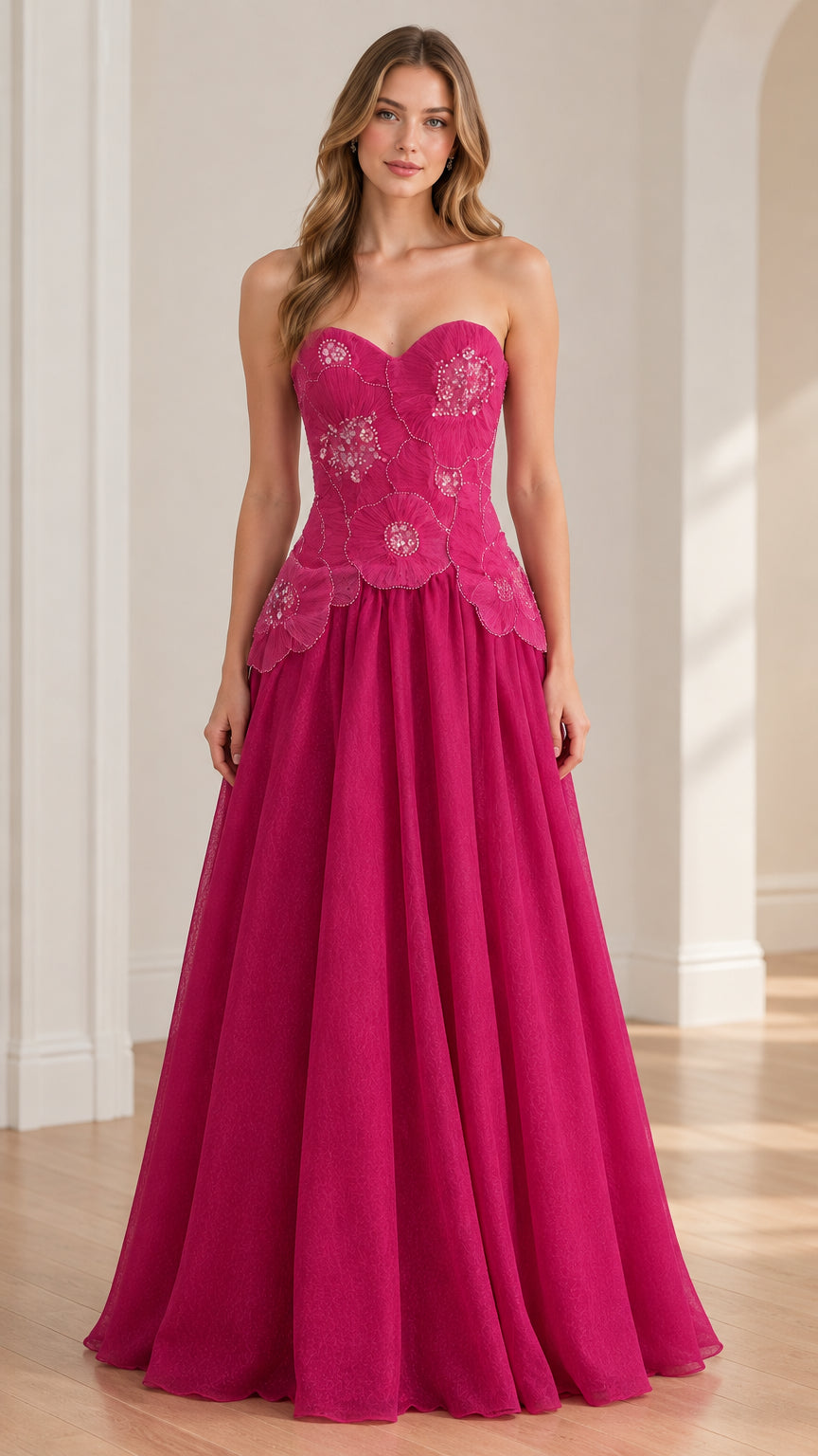 Fuchsia pink strapless sweetheart floral appliqué A-line evening gown front view