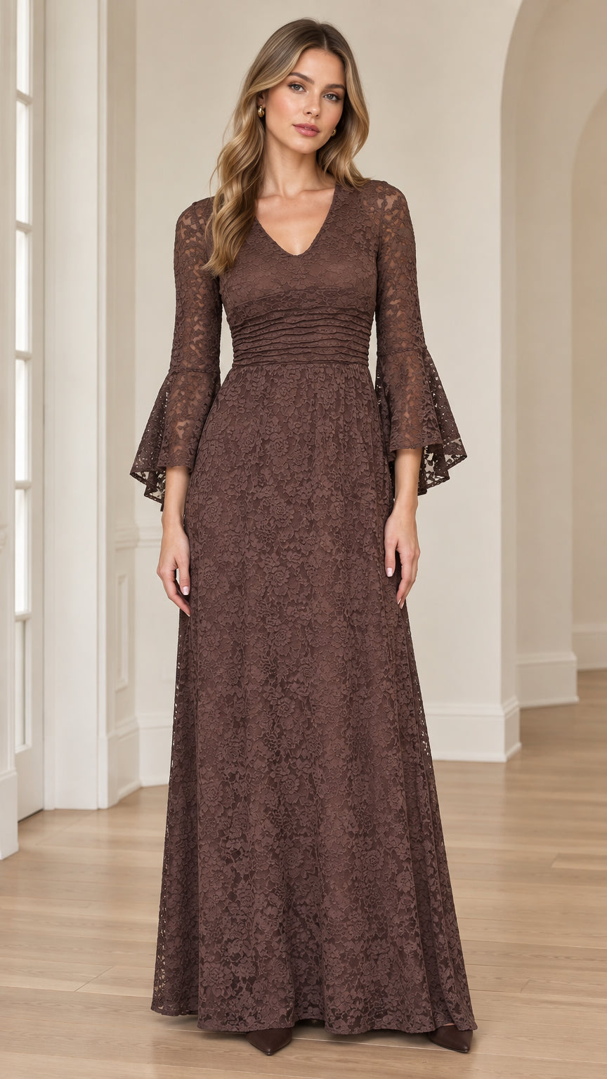 Front view of woman wearing chocolate brown floral lace maxi dress with flare sleeves