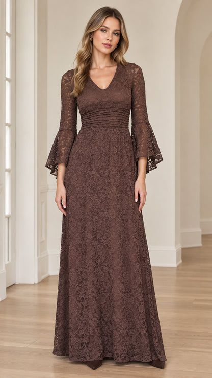 Front view of woman wearing chocolate brown floral lace maxi dress with flare sleeves
