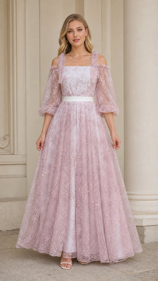 Dusty Pink cold shoulder embroidered lace maxi evening dress with puff sleeves front view