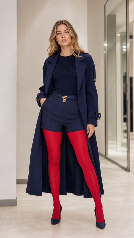 Full-length front view of model wearing Navy Blue long trench coat with belt