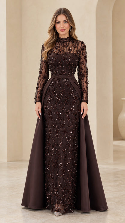 Front full-length view of model wearing chocolate brown high neck sequin lace gown with satin overskirt