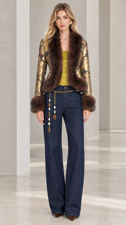 Model wearing gold floral jacquard blazer with brown faux fur trim front view
