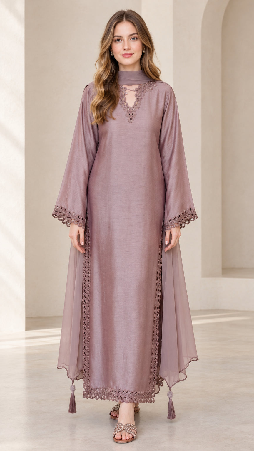 Front view of model wearing dusty mauve embroidered maxi kaftan dress with scarf neck