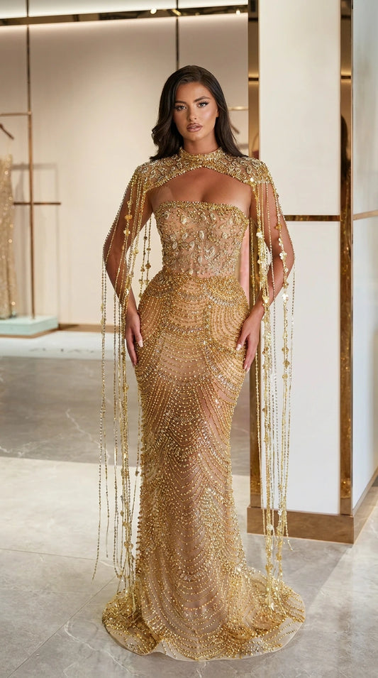 Gold beaded fringe capelet mermaid evening gown front view