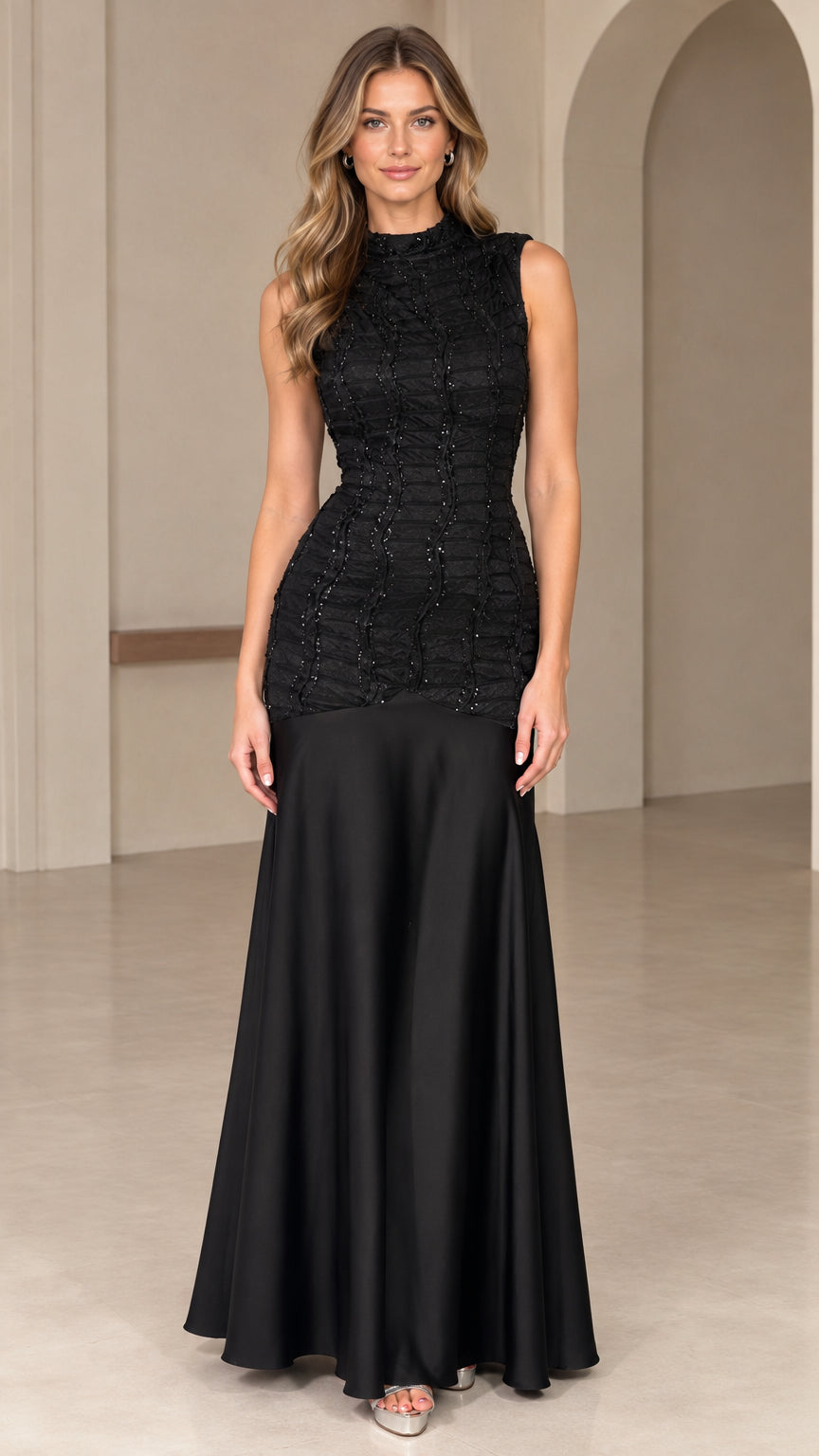 Front view of black high neck sleeveless drop-waist beaded maxi evening gown