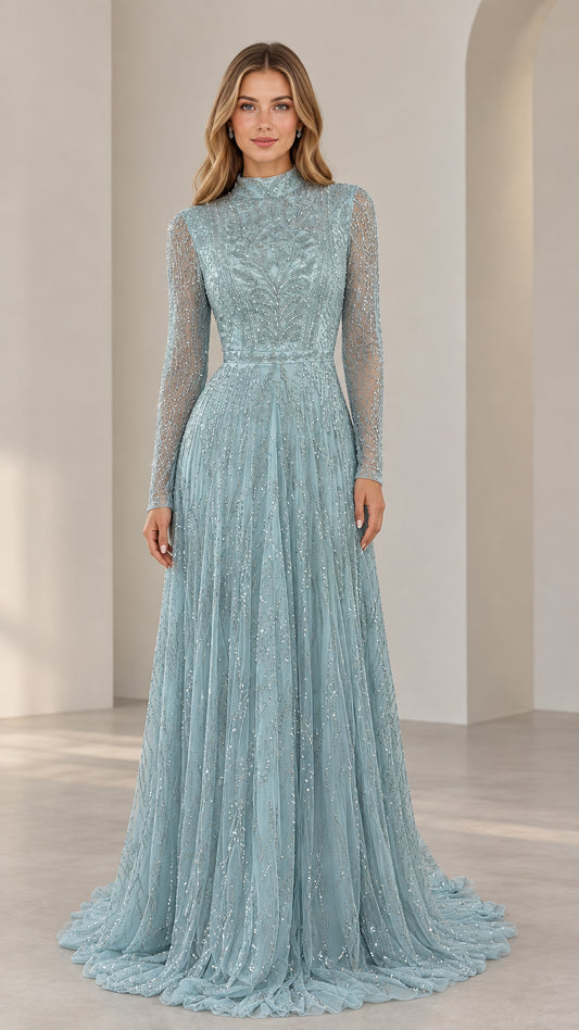 Front view of woman wearing Dusty Blue high neck beaded long sleeve evening gown