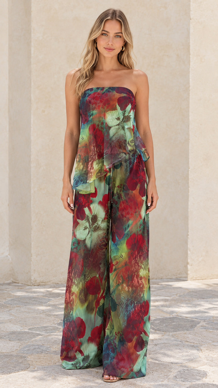 Front full view of woman wearing teal floral strapless tiered top and wide-leg pant set