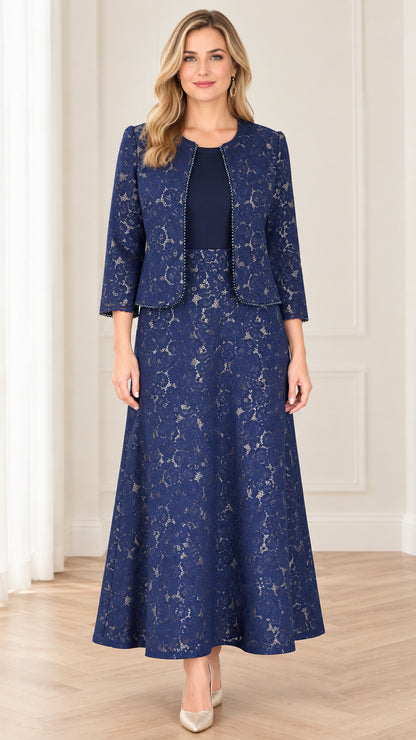 Front view of woman wearing navy blue floral lace two-piece maxi dress set with beaded jacket