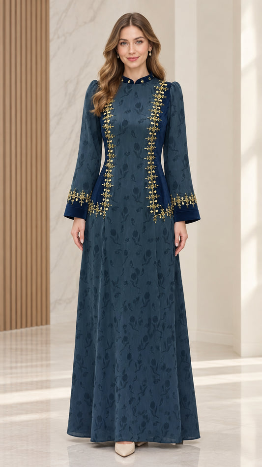 Teal blue floral jacquard maxi dress with gold embroidery and velvet stand collar front view