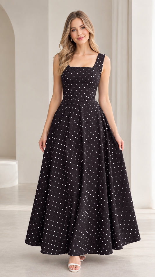 Front view of model wearing black polka dot square neck sleeveless maxi dress