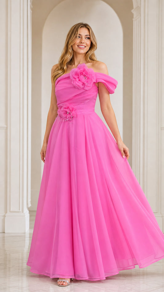 Front view of hot pink off-the-shoulder floral appliqué evening gown