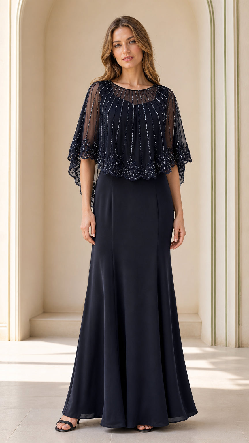 Front full-length view of navy blue beaded capelet evening maxi dress
