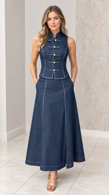 Front full-length view of woman wearing dark blue mandarin collar vest and maxi skirt set